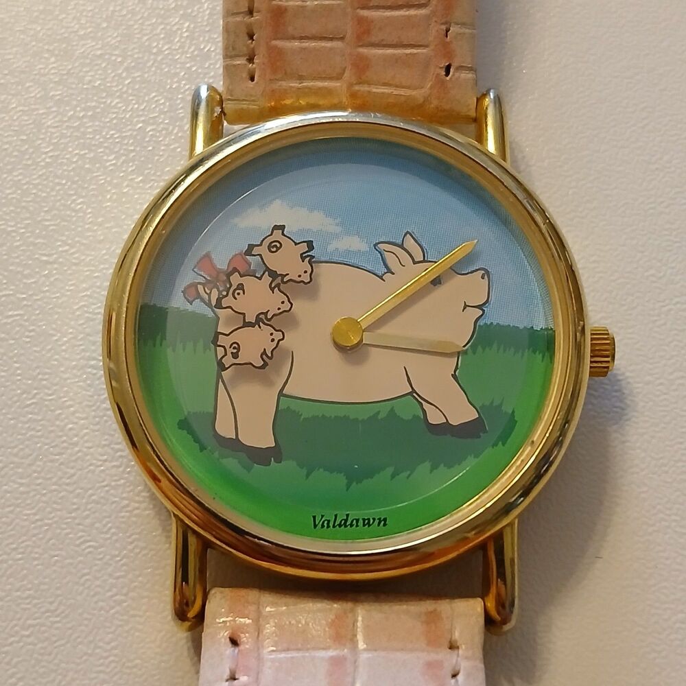 Vintage Valdawn Women's Moving Pigs Pink Gold Tone Analog Watch WR Swiss Parts